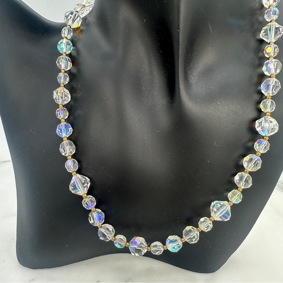 Vintage AB Aurora Borealis Crystal Necklace Faceted Beads Iridescent 16.5” Glam - Picture 11 of 11